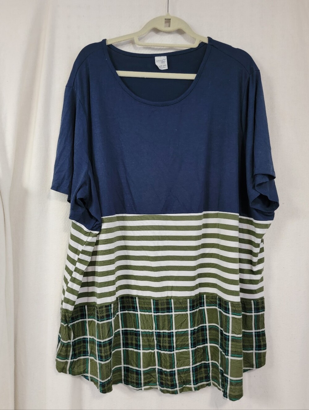Terra & Sky Navy Blue Olive Green Striped Patchwork Tunic